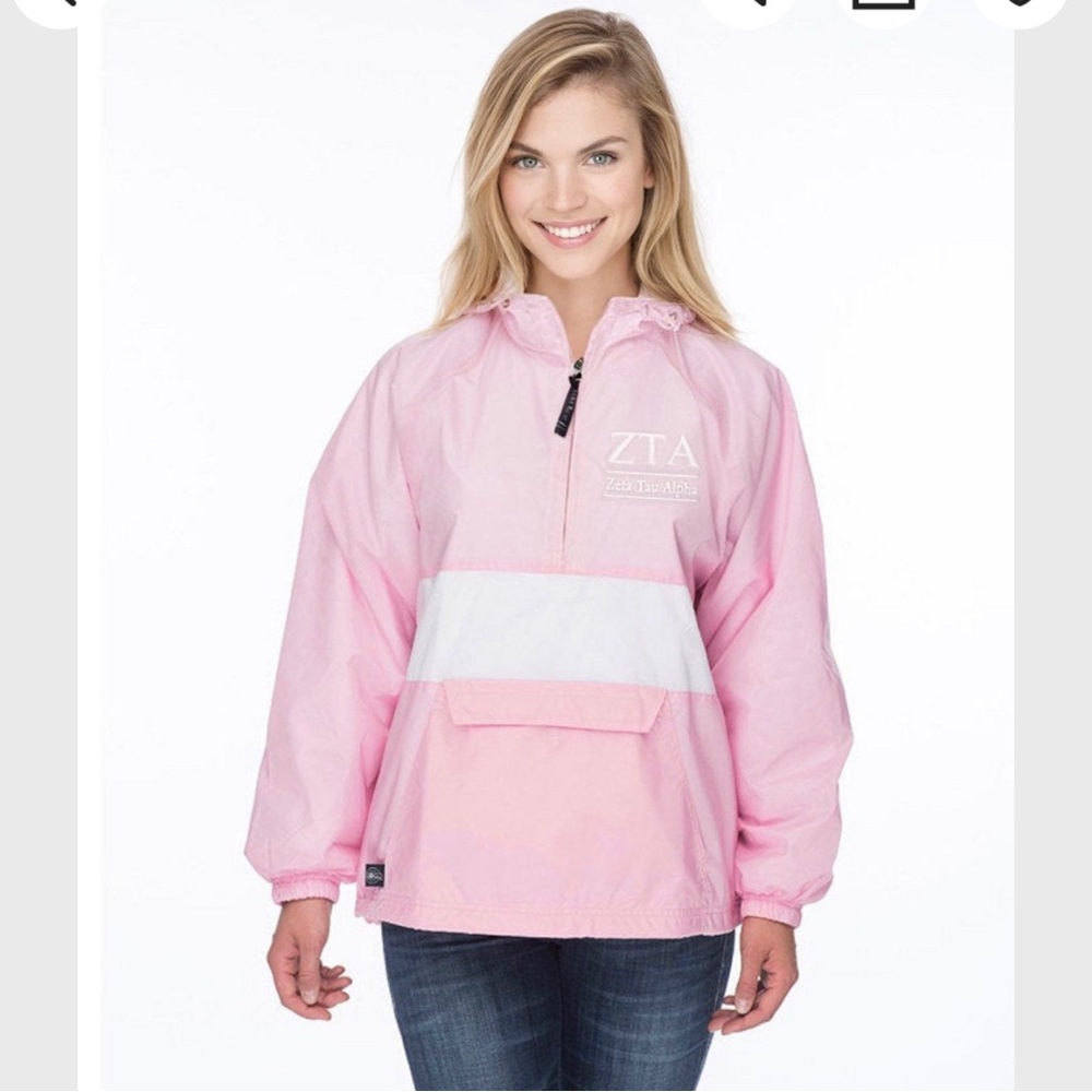 Delta Zeta embroidered fleece lined blush pink windbreaker